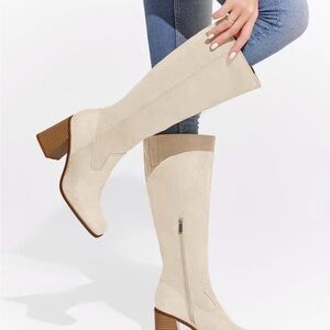 Chic Beige Knee-High Heeled Boots